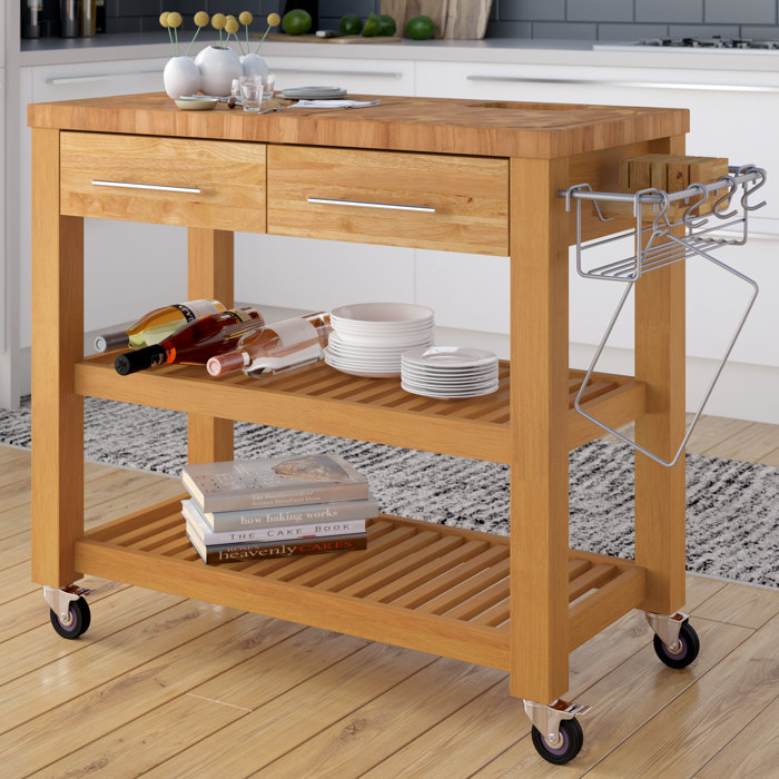 Ebern Designs Sydney 44'' Solid Wood Kitchen Cart with Butcher Block Top and Locking Wheels